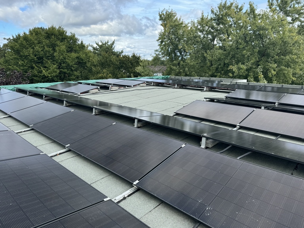 Solarmodule auf einem Dach mit Wolkenhimmel und vielen grünen Bäumen im Hintergrund.