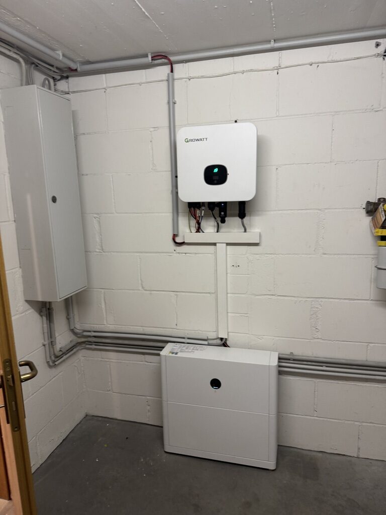 Weißer Raum mit elektrischer Anlage an der Wand, Rohre sichtbar.