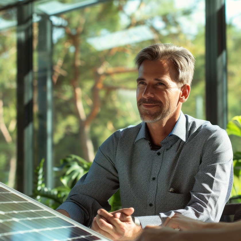 Geschäftsmann berät ein Team von Kollegen oder Kunden zu Solarpanels während eines Meetings im Büro.