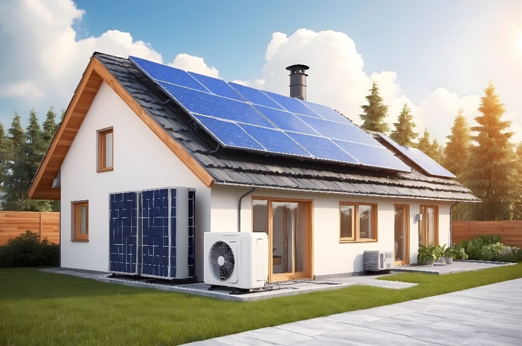 Wärmepumpe neben dem Haus und Sonnenkollektoren auf dem Dach