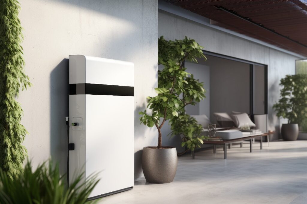 Stromspeicher an der Außenwand des Hauses. Energiespeicher für den Haushalt.